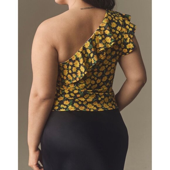 Maeve Anthropologie One-Shoulder Ruffled Floral Top Size XL Yellow - Picture 2 of 9